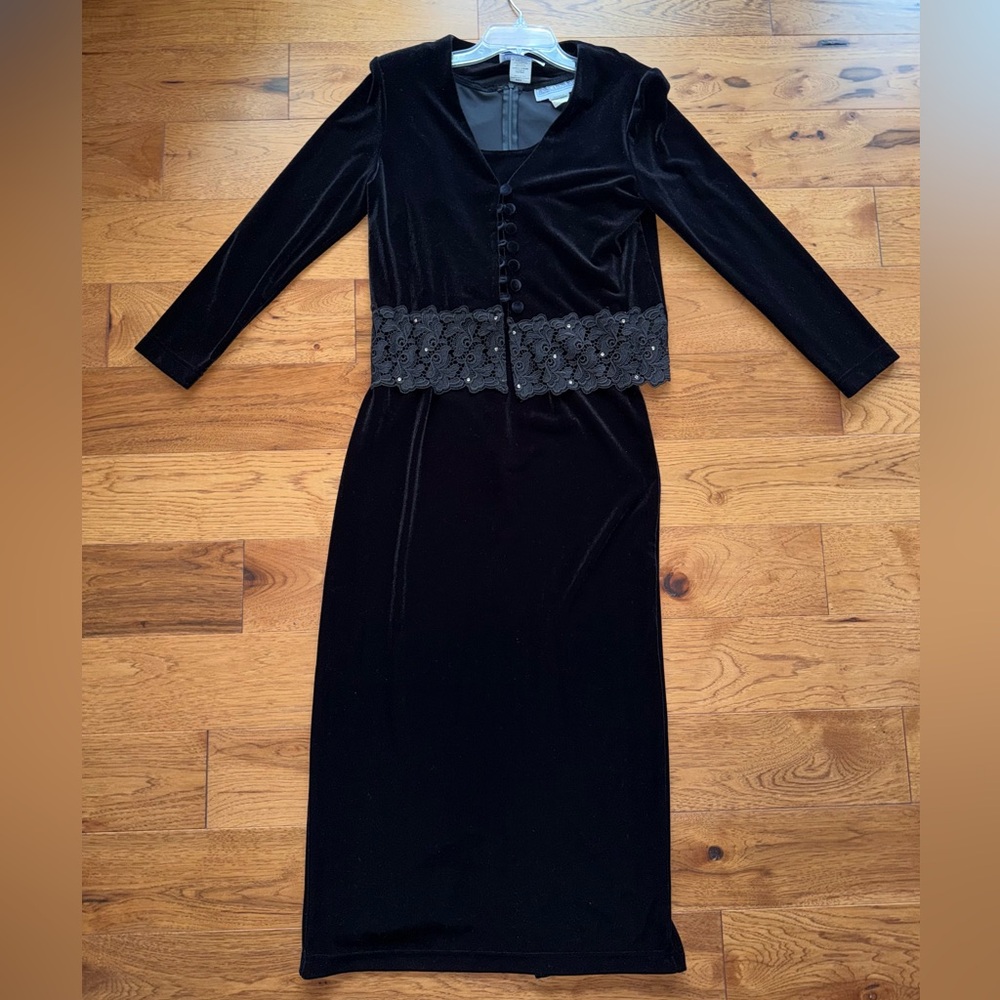 Vintage 1990s Black Velvet Maxi Dress With Matching Cardigan Size 6